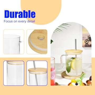 AGH 6 Pack Glass Sublimation Cups With Handle, 16oz Transparent Blanks With Bamboo Lid and Stainless...