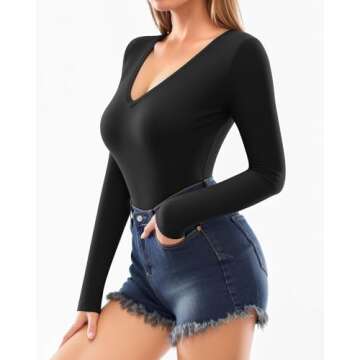 MANGOPOP Deep V Neck Long Sleeve Shirts for Women Sexy Slim Fitted T Shirt Tops