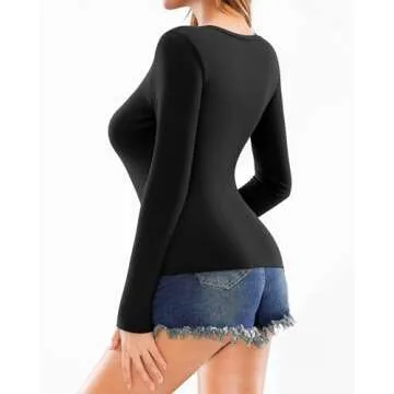 MANGOPOP Deep V Neck Long Sleeve Shirts for Women Sexy Slim Fitted T Shirt Tops