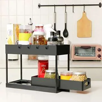 EARTHALL Under Sink Organizers and Storage, Bathroom Organizer Under Sink with Hooks and Bendable Brush, 2 Tier Under Bathroom Cabinet Organizer for Kitchen