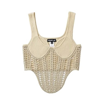 Efvandoloe Sexy Hollow Out Knitted Women's Tank Top Beige