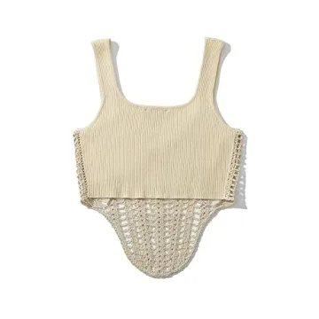 Efvandoloe Sexy Hollow Out Knitted Women's Tank Top Beige