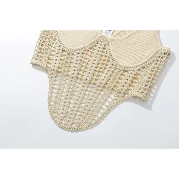 Efvandoloe Sexy Hollow Out Knitted Women's Tank Top Beige