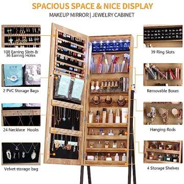 LVSOMT 6 LEDs Standing Jewelry Mirror Cabinet, Full Length Mirror Jewelry Armoire Organizer, Stand Up Floor Mirror with Jewelry Storage, Lockable, Bottom Shelf, Wood Brown