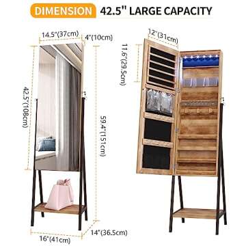 LVSOMT 6 LEDs Standing Jewelry Mirror Cabinet, Full Length Mirror Jewelry Armoire Organizer, Stand Up Floor Mirror with Jewelry Storage, Lockable, Bottom Shelf, Wood Brown