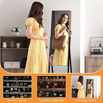 LVSOMT 6 LEDs Standing Jewelry Mirror Cabinet, Full Length Mirror Jewelry Armoire Organizer, Stand Up Floor Mirror with Jewelry Storage, Lockable, Bottom Shelf, Wood Brown