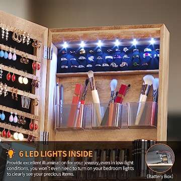 LVSOMT 6 LEDs Standing Jewelry Mirror Cabinet, Full Length Mirror Jewelry Armoire Organizer, Stand Up Floor Mirror with Jewelry Storage, Lockable, Bottom Shelf, Wood Brown