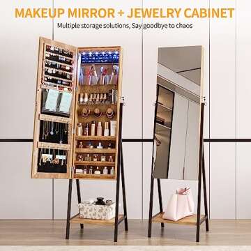 LVSOMT 6 LEDs Standing Jewelry Mirror Cabinet, Full Length Mirror Jewelry Armoire Organizer, Stand Up Floor Mirror with Jewelry Storage, Lockable, Bottom Shelf, Wood Brown