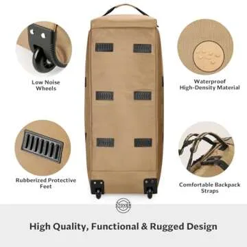 STOVER 80L Rolling Duffel Bag with Wheels, Extra Large 31 Inch Durable Travel Duffle Bag- Rugged, Collapsible, Rollable Design w/Shoulder Straps- Use as Luggage or Backpack for Men/Women (Tan)