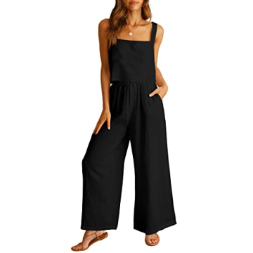 ANRABESS Women's 2 Piece Summer Linen Jumpsuit Matching Set - Trendy Black Casual Lounge Outfit
