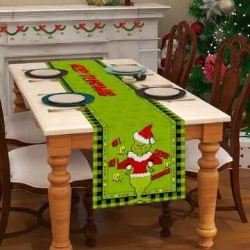 Linen Green Christmas Table Runner Merry Christmas Tablecloth Christmas Xmas Winter Holiday Home Kitchen Dining Room Table Decorations 13x72 Inch