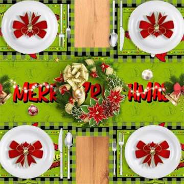 Linen Green Christmas Table Runner Merry Christmas Tablecloth Christmas Xmas Winter Holiday Home Kitchen Dining Room Table Decorations 13x72 Inch