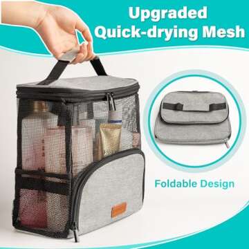 Hiverst Hanging Toiletry Bag, Shower Caddy Tote Bag (Updated Version, Full Size Bottle Compatible), Bath Organizer for College Dorms, Gym, Camp, Women Men, with Funny Luggage Tag