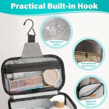 Hiverst Hanging Toiletry Bag, Shower Caddy Tote Bag (Updated Version, Full Size Bottle Compatible), Bath Organizer for College Dorms, Gym, Camp, Women Men, with Funny Luggage Tag