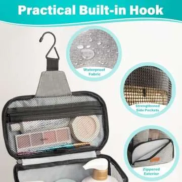 Hiverst Hanging Toiletry Bag, Shower Caddy Tote Bag (Updated Version, Full Size Bottle Compatible), Bath Organizer for College Dorms, Gym, Camp, Women Men, with Funny Luggage Tag