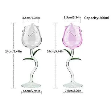 Rose Flower Wine Glasses, Creative Red Wine Glass Set of 2 Rose Flower Goblet Wine Cocktail Juice Glass for Party Dinner Wedding Festival Kitchen Bar (260ml, 2Pcs)
