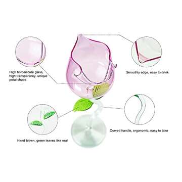 Rose Flower Wine Glasses, Creative Red Wine Glass Set of 2 Rose Flower Goblet Wine Cocktail Juice Glass for Party Dinner Wedding Festival Kitchen Bar (260ml, 2Pcs)