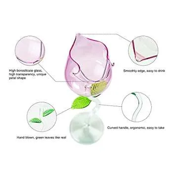 Rose Flower Wine Glasses, Creative Red Wine Glass Set of 2 Rose Flower Goblet Wine Cocktail Juice Glass for Party Dinner Wedding Festival Kitchen Bar (260ml, 2Pcs)