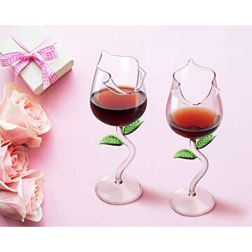 Rose Flower Wine Glasses, Creative Red Wine Glass Set of 2 Rose Flower Goblet Wine Cocktail Juice Glass for Party Dinner Wedding Festival Kitchen Bar (260ml, 2Pcs)