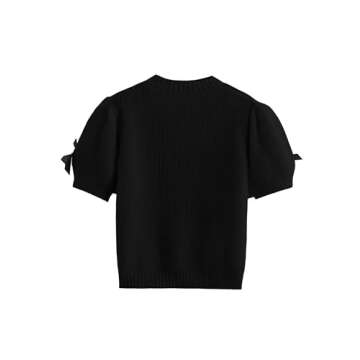 Vimida Women's Sweaters Knitted O-Neck Puff Short Sleeve Pullover Tops Casual Bow Knitwear T Shirts Blouses