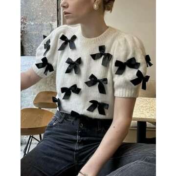 Vimida Women's Sweaters Knitted O-Neck Puff Short Sleeve Pullover Tops Casual Bow Knitwear T Shirts Blouses