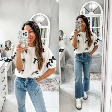 Vimida Women's Sweaters Knitted O-Neck Puff Short Sleeve Pullover Tops Casual Bow Knitwear T Shirts Blouses