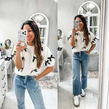 Vimida Women's Sweaters Knitted O-Neck Puff Short Sleeve Pullover Tops Casual Bow Knitwear T Shirts Blouses