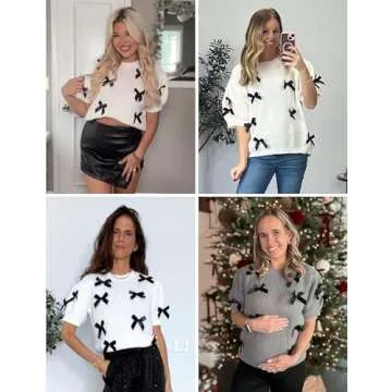 Vimida Women's Sweaters Knitted O-Neck Puff Short Sleeve Pullover Tops Casual Bow Knitwear T Shirts Blouses