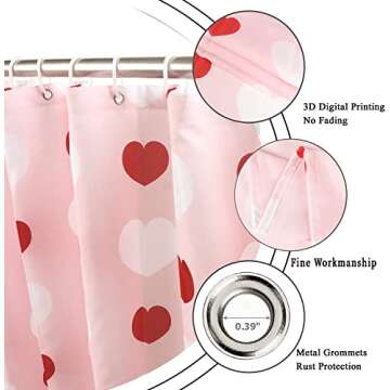 GCIREC Valentine's Day Shower Curtain, Weighted Bottom Romantic Love Theme Pink and Red Little Heart Fabric Bathroom Curtain Home Decor Waterproof Washable with 12 Hooks,72"x72"