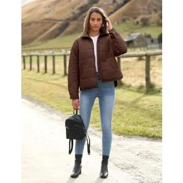 Freyhem Quilted Puffer Jacket Women Lightweight Short Zip Up Padded Coat with Pockets(Brown-M)