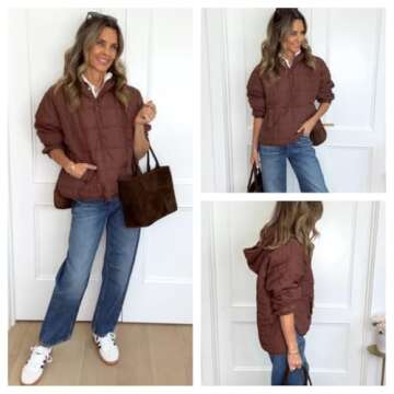 Freyhem Quilted Puffer Jacket Women Lightweight Short Zip Up Padded Coat with Pockets(Brown-M)