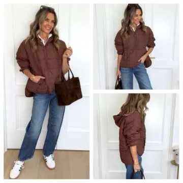 Freyhem Quilted Puffer Jacket Women Lightweight Short Zip Up Padded Coat with Pockets(Brown-M)