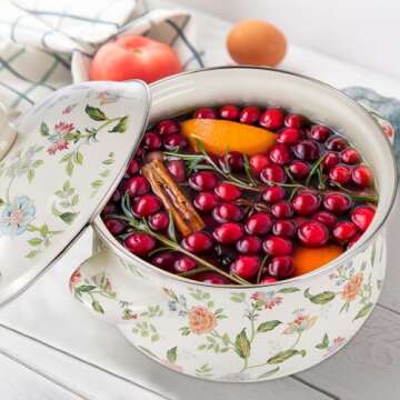 Jucoan 2.8 Quart Vintage Enamel Cooking Pot with Lid, Green Floral Enamelware Simmer Pot Saucepan wi...