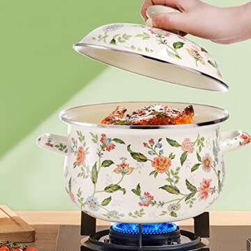 Jucoan 2.8 Quart Vintage Enamel Cooking Pot with Lid, Green Floral Enamelware Simmer Pot Saucepan with Dual Handles for Gas Electric Stovetop, Soup Bowl Gift for Housewarming Wedding Bridal Shower