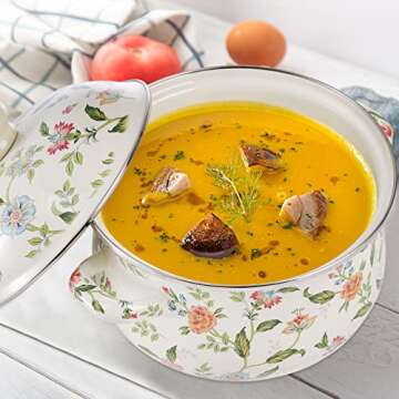 Jucoan 2.8 Quart Vintage Enamel Cooking Pot with Lid, Green Floral Enamelware Simmer Pot Saucepan with Dual Handles for Gas Electric Stovetop, Soup Bowl Gift for Housewarming Wedding Bridal Shower