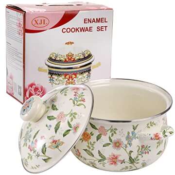 Jucoan 2.8 Quart Vintage Enamel Cooking Pot with Lid, Green Floral Enamelware Simmer Pot Saucepan with Dual Handles for Gas Electric Stovetop, Soup Bowl Gift for Housewarming Wedding Bridal Shower