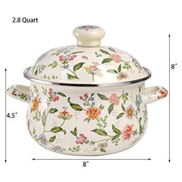 Jucoan 2.8 Quart Vintage Enamel Cooking Pot with Lid, Green Floral Enamelware Simmer Pot Saucepan with Dual Handles for Gas Electric Stovetop, Soup Bowl Gift for Housewarming Wedding Bridal Shower
