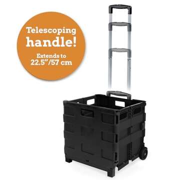 Inspired Living Collapsible Ultra-Slim Pack-N-Roll, 2 Wheel Utility Cart , With Telescopic Handle - Super Strong up to 80 Lbs Load Capacity, Black