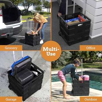 Inspired Living Collapsible Ultra-Slim Pack-N-Roll, 2 Wheel Utility Cart , With Telescopic Handle - Super Strong up to 80 Lbs Load Capacity, Black