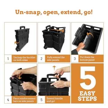 Inspired Living Collapsible Ultra-Slim Pack-N-Roll, 2 Wheel Utility Cart , With Telescopic Handle - Super Strong up to 80 Lbs Load Capacity, Black