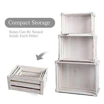 Besmall Set of 3 Nesting Wooden Crates, Decorative Vintage Wooden Storage Crates, Wood Boxes Rustic Farmhouse Style for Storage and Display – Decorative Wooden Crates for Home (White)