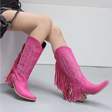 Guldnds Women's Fashion Embroidered Square Heel Solid Color Fringe Retro High Boots Shoes Plain Cowboy Boots Women Hot Pink