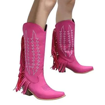 Guldnds Women's Fashion Embroidered Square Heel Solid Color Fringe Retro High Boots Shoes Plain Cowboy Boots Women Hot Pink