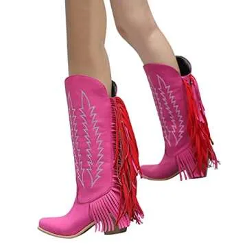 Guldnds Women's Fashion Embroidered Square Heel Solid Color Fringe Retro High Boots Shoes Plain Cowboy Boots Women Hot Pink