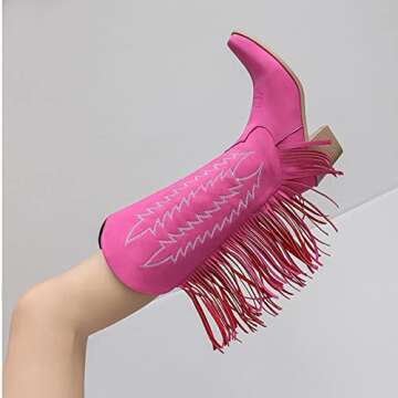 Guldnds Women's Fashion Embroidered Square Heel Solid Color Fringe Retro High Boots Shoes Plain Cowboy Boots Women Hot Pink