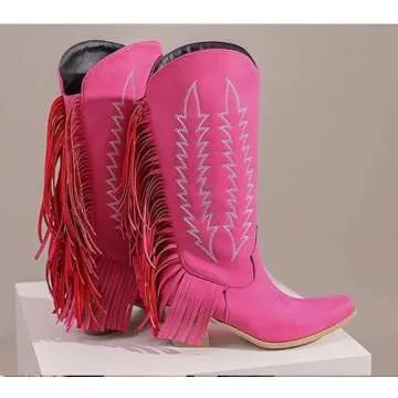 Guldnds Women's Fashion Embroidered Square Heel Solid Color Fringe Retro High Boots Shoes Plain Cowboy Boots Women Hot Pink