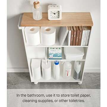 Yamazaki Home Tower, White Rolling Slim Bathroom Cart with Handle Home 2294 Toilet Paper Stocker-Bathroom Storage Organizer Dispenser, One Size, White