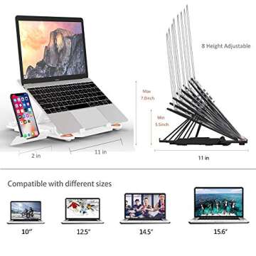 Viwind Adjustable Laptop Stand for Desk with Phone Stand and Heat-Vent,Portable Computer Riser,Ergonomic Tablet Elevator,Notebook Holder Mount,Rotatable&8 Multi Angle for 10-15.6'' Device -White