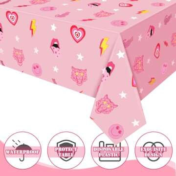 Rtteri 4 Pieces Preppy Y2k Party Tablecloth Pink Table Cloths for Parties Disposable Plastic Smile Face Tablecloth Rectangle Table Cover for Birthday Party Wedding Table Decorations (42.5 x 71 Inch)