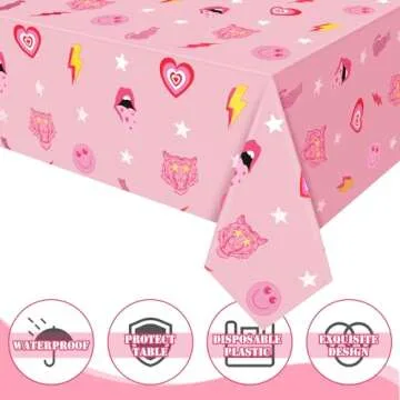 Rtteri 4 Pieces Preppy Y2k Party Tablecloth Pink Table Cloths for Parties Disposable Plastic Smile Face Tablecloth Rectangle Table Cover for Birthday Party Wedding Table Decorations (42.5 x 71 Inch)